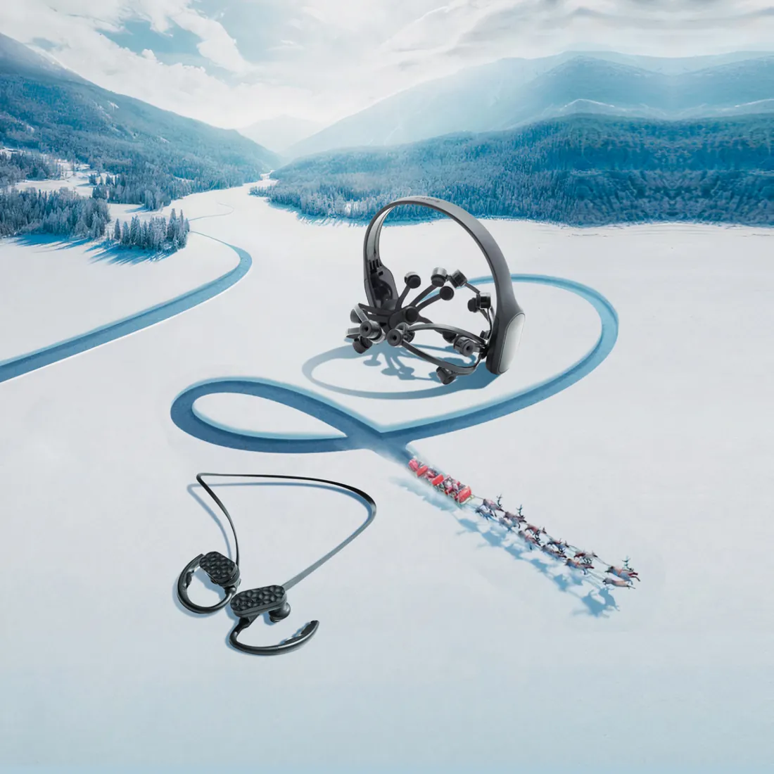 Headphones on a snowy mountain road