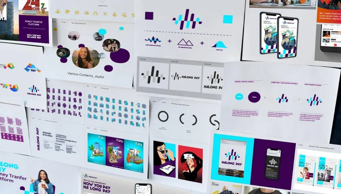 Brand system board of screens, icons and layouts