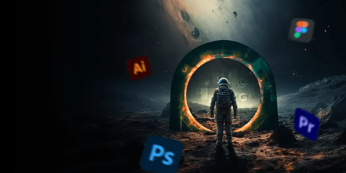 Astronaut before a glowing portal with design tool icons